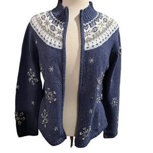 VTG Cardigan Blue&White Snowflakes Beads/Sequins size S
